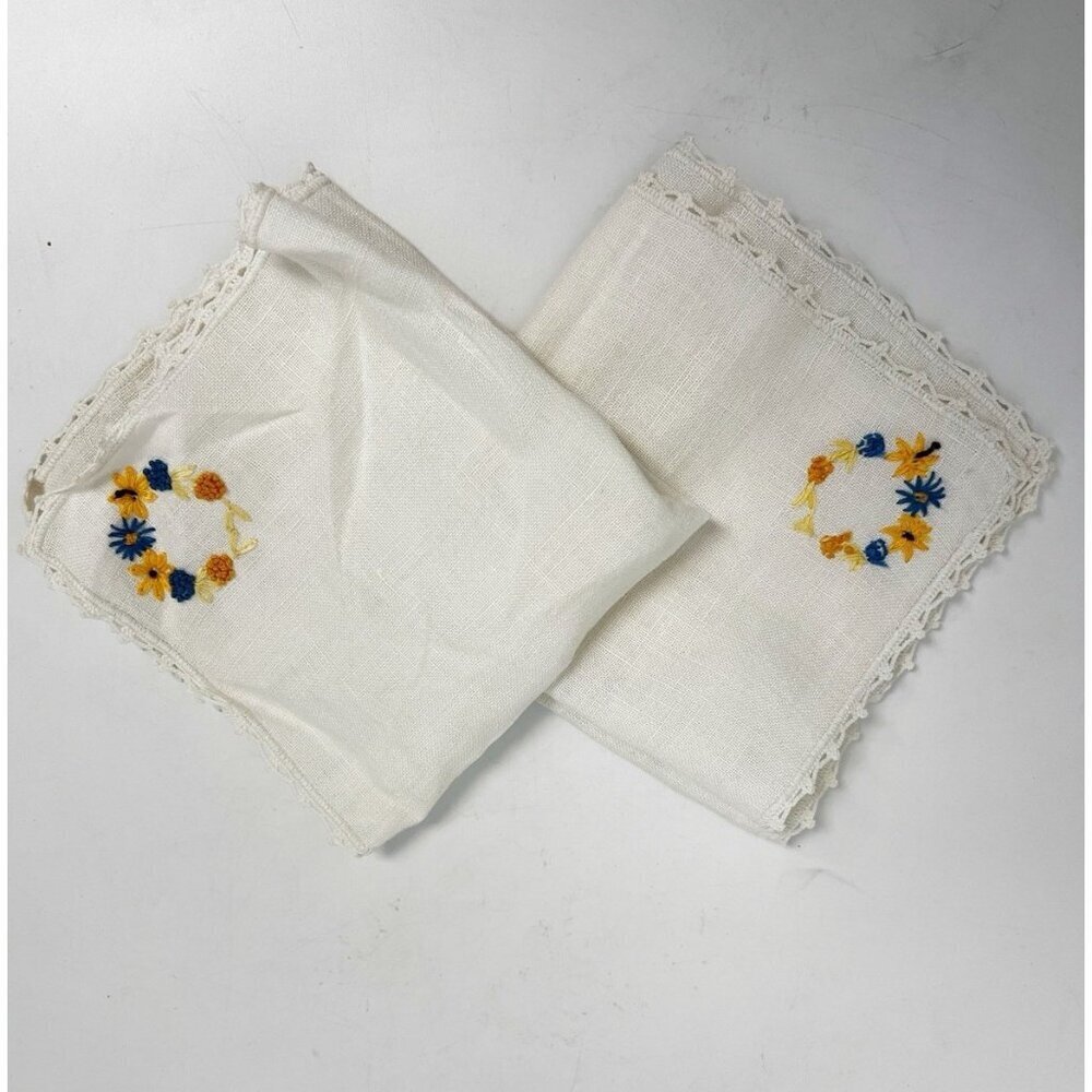 Set Of 2 Linen Hand embroidered Floral Blue Yellow Tan Cream Square Handkerchief